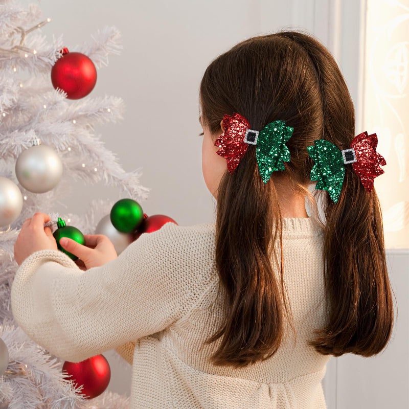 melyde Christmas Hair Bow Clips 3.5 Inch Sparkly Glitter Hairpins Handmade Xmas Hair Accessories for Teens Girls, Red&Green - Image 3